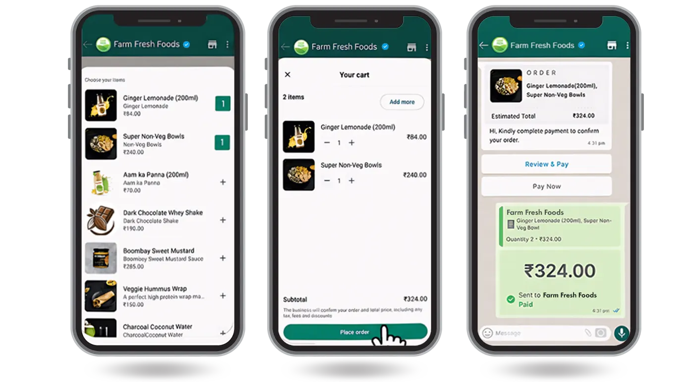 WhatsApp Commerce Catalog — browse, cart, and pay inside chat